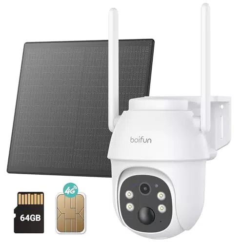 BOIFUN 4G LTE Außenkamera mit SIM-Karte, 64GB Speicher, 2K Nachtsicht