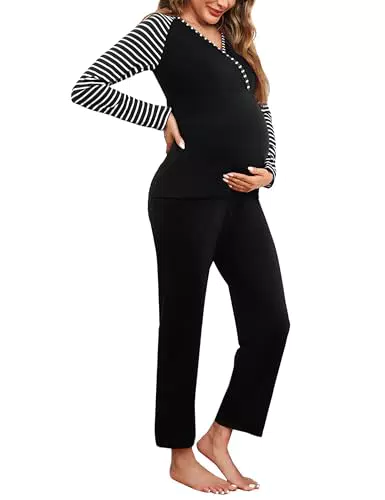Bresdk Stillpyjama Damen Langarm Umstands Schlafanzug mit Stillfunktion