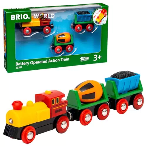 BRIO World Zug mit Batterielok, Kohlewaggon und Zementmischer für Kinder ab 3 Jahren