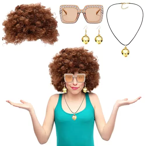 Bseical Karneval Kostüm Afro Perücke Damen 70er 80er Jahre Outfit für Erwachsene