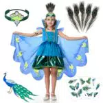 BuzzoXere Pfau Kostüm Kinder mit Flügel, Stirnband und Gesichtsaufkleber