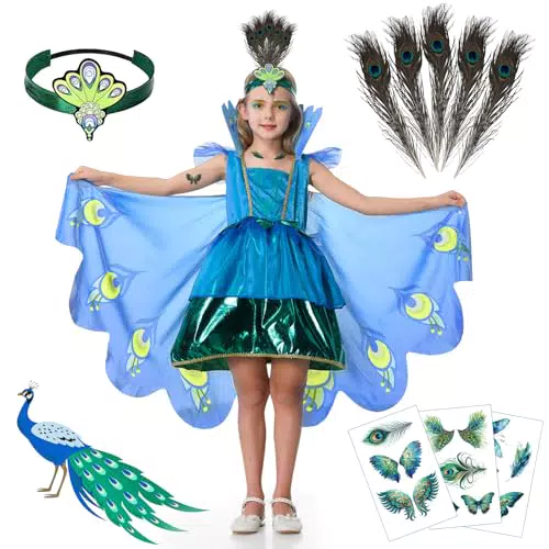 BuzzoXere Pfau Kostüm Kinder mit Flügel, Stirnband und Gesichtsaufkleber