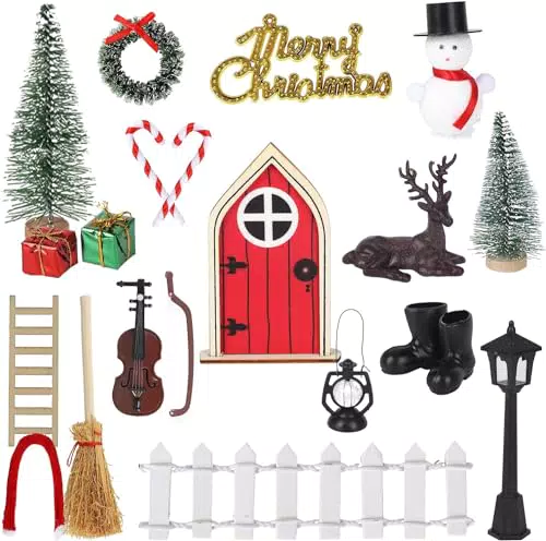 EDWINENE Wichteltür Zubehör Set – Miniatur Weihnachtswichtel Tür aus Holz