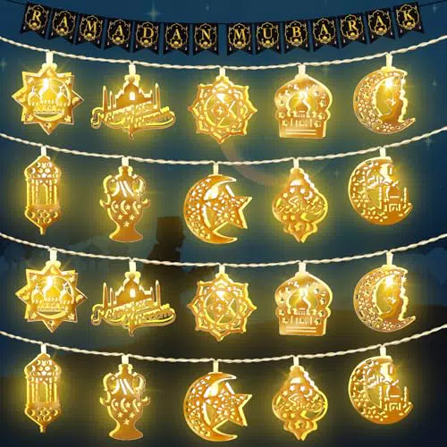 FFZZKJ Ramadan Lichterkette mit Eid Mubarak Banner – Dekoration für Muslime