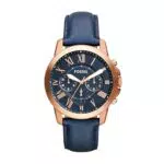 Fossil Herrenuhr Grant, QuarzChronographenwerk, 44 mm silbernes Edelstahlgehäuse mit Lederarmband