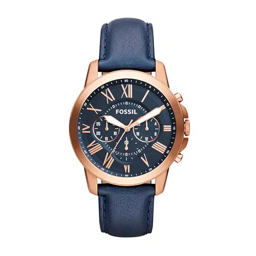 Fossil Herrenuhr Grant, QuarzChronographenwerk, 44 mm silbernes Edelstahlgehäuse mit Lederarmband