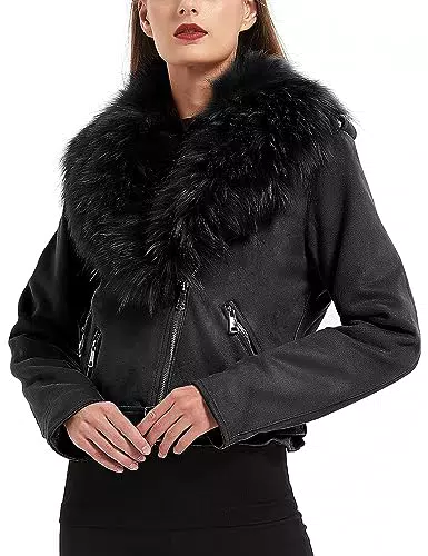 Giolshon Damen Wildleder Motorradjacke mit abnehmbarem Kunstpelzkragen