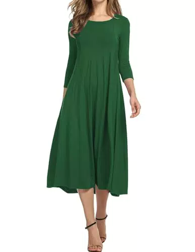 Hotouch Damen Kleid Elegant Tunika mit 3/4 Ärmeln und Taschen A-Linie Midikleid
