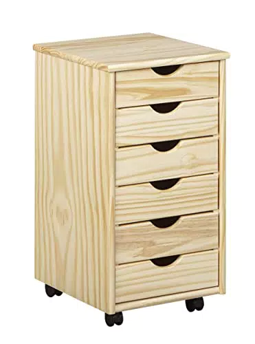 Inter Link Rollcontainer Rollcontainer mit 6 Schubladen Bürocontainer - Rollschrank Rollwagen Schubladenkommode - Massiv Kieferholz Natur Lackiert BxTxH: 35x39x66 cm Nils