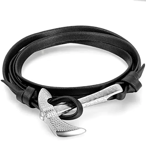 JewelryWe Lederarmband Herren Edelstahl Axt – Retro Geflochtenes Echtleder Armreif
