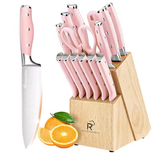 Justup Profi Messerset mit Holzblock, Edelstahl Küchenmesser und Schärfer