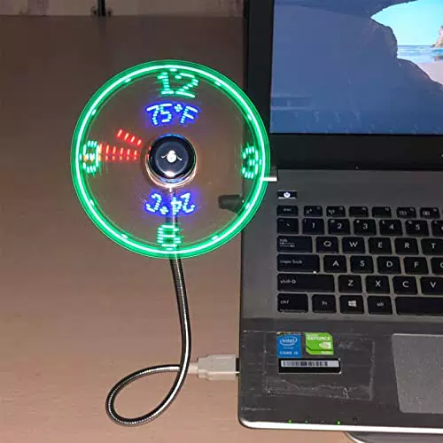 Justup USB Ventilator mit LED-Anzeige für Uhrzeit und Temperatur, flexibler Schwanenhals