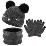 KINDER Winter Set: Pompom Beanie, Schal und Touchscreen Handschuhe für 3-10 Jahre