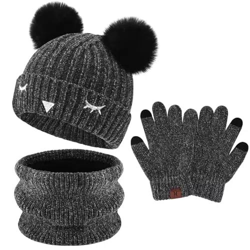 KINDER Winter Set: Pompom Beanie, Schal und Touchscreen Handschuhe für 3-10 Jahre
