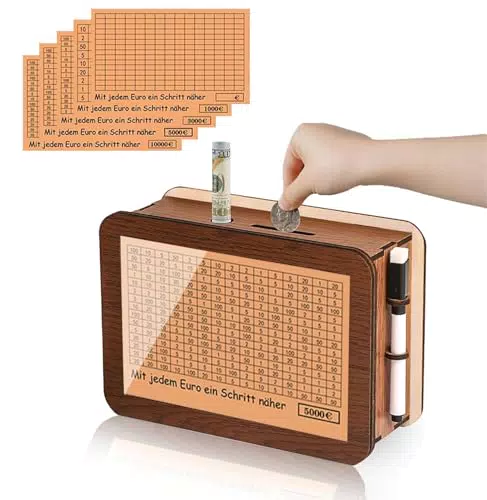 KJSXUUE 5-in-1 Spardose aus Holz – Wiederverwendbare Sparbüchse mit Sparzielen