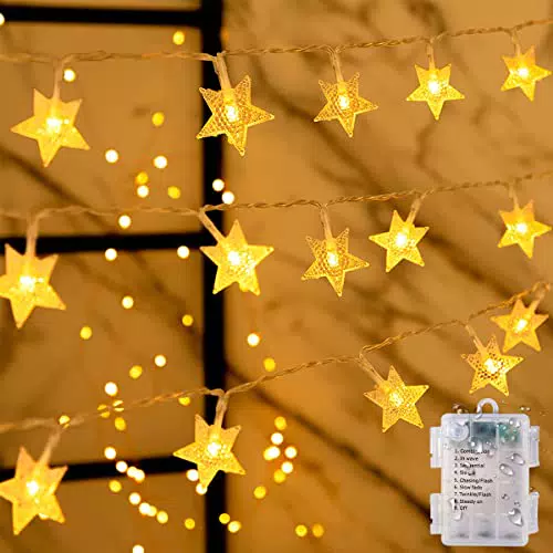 Lichterkette 40LED Sterne, Warmweiß, 8 Modi, Wasserdicht für Innen und Außen