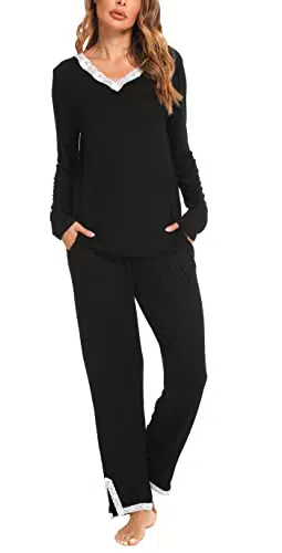 Lovasy Schlafanzug Damen Langarm V-Ausschnitt Spitzen Pyjama Set für Winter