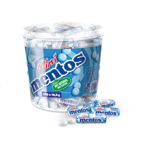 Mentos Mini Fruit Mix Bucket, Eimer mit 120 Mini-Rollen à 5 Frucht-Dragees