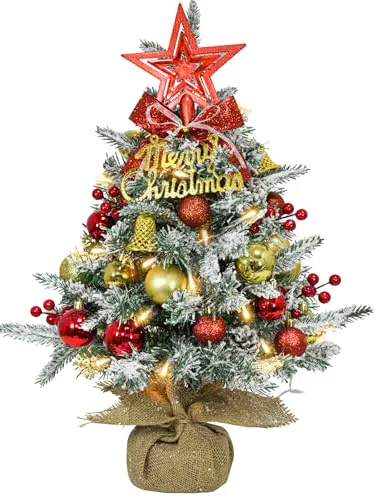 Künstlicher Weihnachtsbaum mit LED, geschmückt mit Kunstschnee und Ornamenten