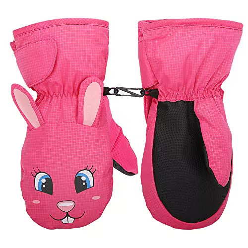 MoKo Kinder Skihandschuhe, Winddicht Wasserdicht Winterhandschue Warm Fäustlinge Sport Handschuhe für Skifahren Radfahren Snowboarden Outdoor-Aktivitäten für Jungen Mädchen von 6-8 Jahren - Magenta