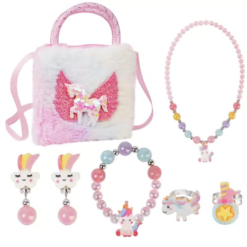 OSDUE Einhorn Handtasche und Schmuckset für Mädchen – Kette, Armband, Ring