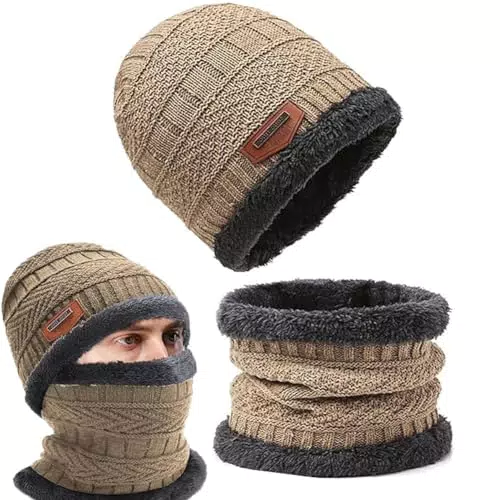 OUOQI Winter Beanie Mütze mit Loop Schal und Fleecefutter für Damen und Herren