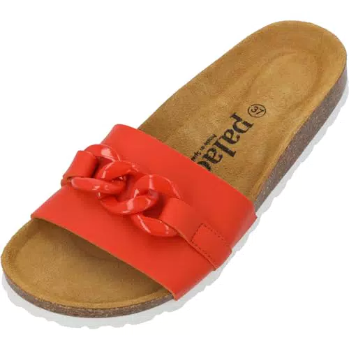 Palado Damen Pantoletten Gozo - Bequeme Sandalen mit Kette und Kork-Fußbett