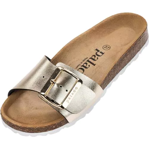Palado Damen Pantoletten Malta EGS Metallic Sandalen mit verstellbaren Riemen - Hausschuhe - Kork-Fußbett - extra bequem - Schwarz
