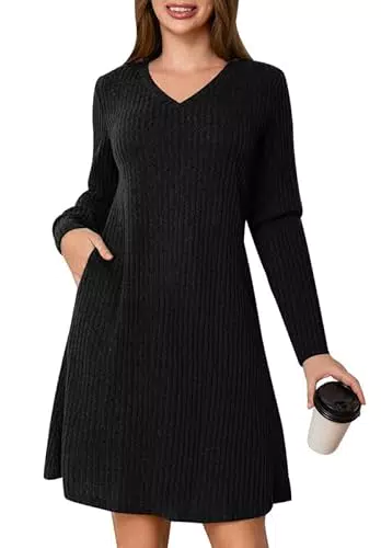 Ritiriko Damen Pullover Kleid Langarm Fließend Wintertunika mit Taschen