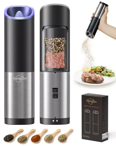 Sangcon Elektrische Salz- und Pfeffermühle mit Keramikmahlwerk und LED Licht