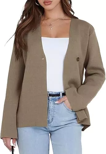 Saodimallsu Damen Strickjacke Langarm V-Ausschnitt Cardigan Blazer für Business