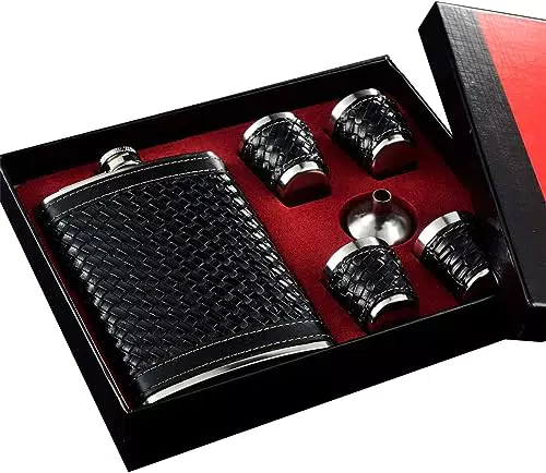 Flachmann-Set aus PU-Leder und Edelstahl mit Trichter und 4 Bechern für Männer