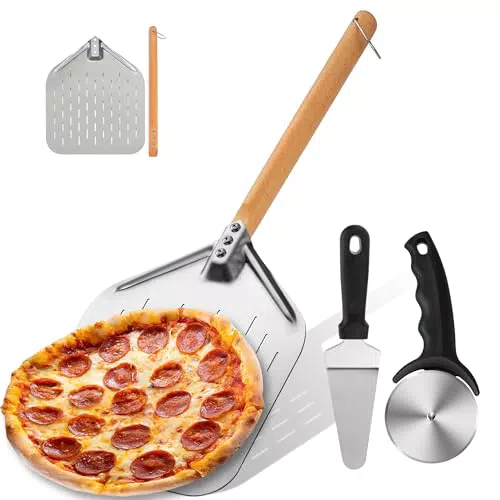 Sentk Pizzaschieber Edelstahl mit Holzgriff und Pizzaschneider für Pizzaofen
