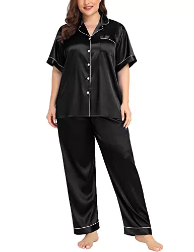 SWOMOG Satin Pyjama Damen Kurz Oberteile Lang Hose Schlafanzug Seide Nachtwäsche