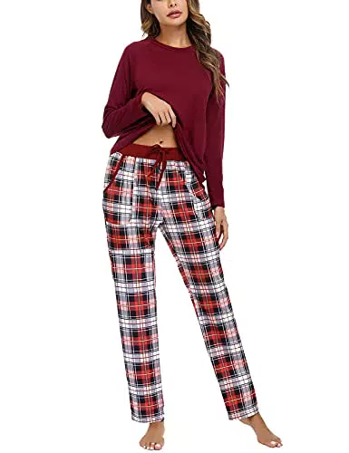 Uniexcosm Schlafanzug Damen Baumwolle Pyjama Set Lang Raglanärmel Nachtwäsche