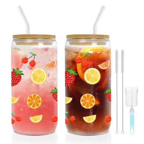 YUEYEE Trinkgläser für Iced Coffee und Smoothies mit Bambusdeckel und Strohhalm