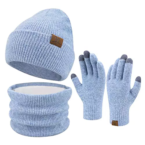 ZASFOU Damen Winter Beanie Mütze Schal Touchscreen Handschuhe Set für Frauen