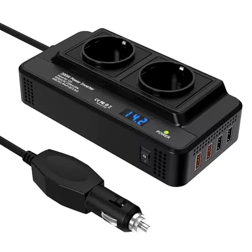 200W Auto Spannungswandler Wechselrichter DC 12V auf AC 230V mit 2 Steckdosen und 4 USB Ports