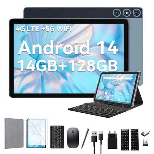 Android 14 Tablet 10 Zoll, 4G LTE, 5G WiFi, 14GB RAM, 128GB Speicher, Octa-Core