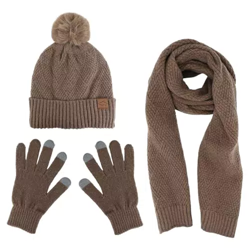 Thermische Strickmütze mit Schal und Handschuhen Set - Touchscreen Handschuhe