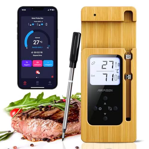 AIRMSEN Kabelloses Fleischthermometer mit Bluetooth und LCD-Display, IPX8