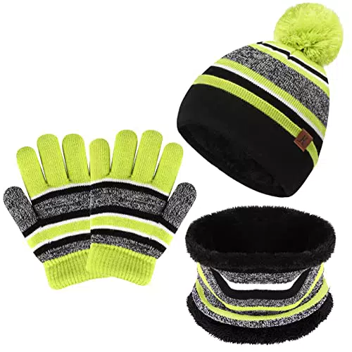 Bequemer Laden Kinder Wintermütze Pompon Beanie und Schal Handschuhe Set