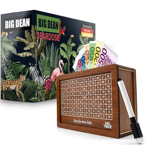 BigDean Spardose aus Holz mit Ziel 1000€ – Wiederverwendbar in Geschenkverpackung