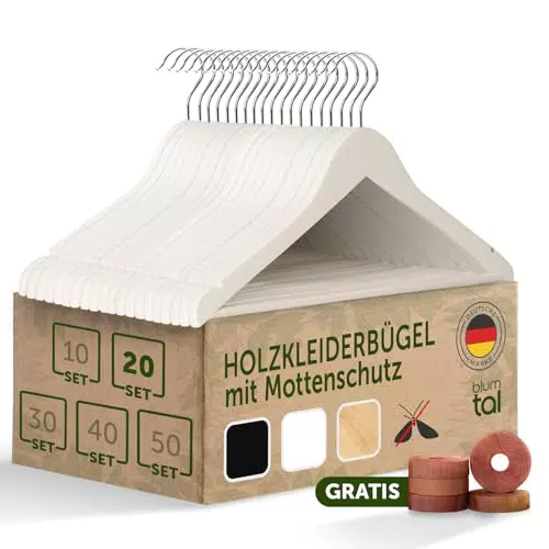 Blumtal 20er Set Kleiderbügel aus Holz - Premium Holzbügel mit Einkerbung im Schulterbereich und rutschfestem Hosensteg