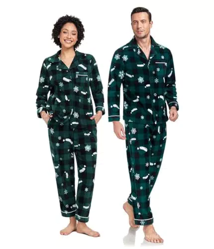 COLORFULLEAF Pyjama Set für Paare, Fleece Schlafanzug mit Knopfleiste und Taschen