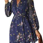 CUPSHE Damen Kleid V-Ausschnitt Wickeloptik Langarm Blumenmuster A-Linie