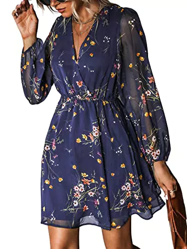 CUPSHE Damen Kleid V-Ausschnitt Wickeloptik Langarm Blumenmuster A-Linie