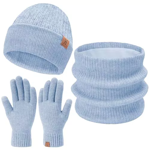 Damen Herren Winter Beanie Mütze Schal Handschuhe Set mit Fleece Fütterung