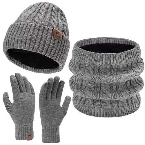 Damen Herren Winter Beanie Mütze Touchscreen Handschuhe Schal Set Fleece