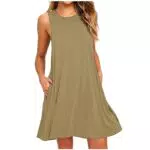 Elegant Damen Shirtkleid Ärmellos Knielang Baumwolle Freizeitkleid mit Taschen